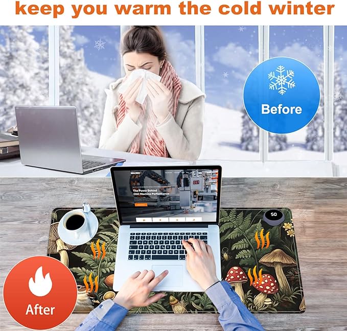 Small Heated Desk Pad 23.6" x 14.2" – Compact Electric Mouse Pad with 3 Heating Levels, Auto Shut-Off, Waterproof PU Surface, Plug-in Warmer for Office or Home Use, Forest Mushrooms