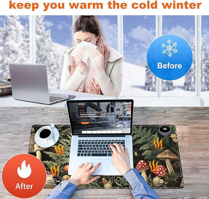 Heated Mouse Pad for Desk 31.5" x 13" – PU Leather Warm Desk Pad with 3 Heat Levels (104°F/113°F/122°F), Plug-in Electric Heating Mat with Auto Shut-Off, Waterproof & Rollable, Forest Mushrooms