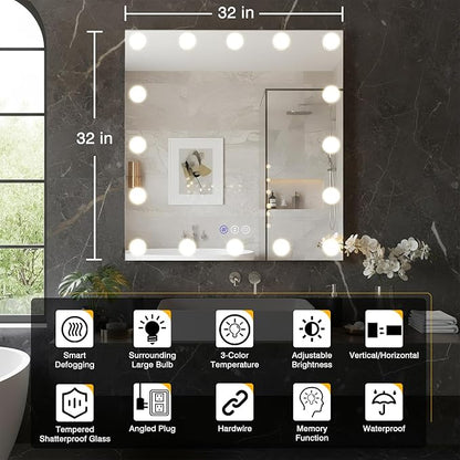 32x32 Hollywood LED Bathroom Mirror with LED Bulbs, Colors Changeable & Brightness Dimmable, Anti-Fog Mirror, Shatter-Proof, Memory, Touch Screen Mirror, Wall Mounted, Horizontal/Vertical