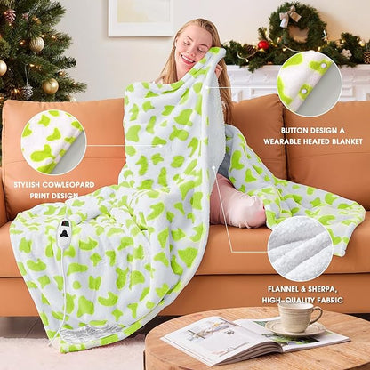 Green Cow Heated Electric Blanket Throw, 50X60 Heating Blanket with 10 Heats Levels & 8 Hours Auto Off, Cute Christmas Yoga Gifts for Women Teen Girls Mom Pets, Home Decor for Living Room Bedroom