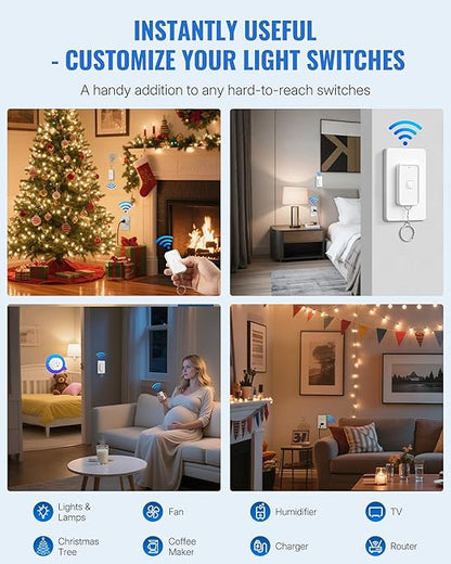 Remote Control Outlet Wireless Wall Switch, Wireless On Off Remote Switch Outlet with Magnetic Base for Light, Lamp, 100ft RF Range, 10A/1250W, Two Switches for One 0utlet W14RC2106