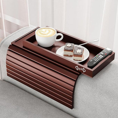 Bamboo Sofa Armrest Tray Table for Couch - 2-in-1 Foldable Couch Arm Table with Be Slide Detachable Tray- Anti-Slip Sofa Armchair Caddy for Drinks Cellphone TV Remote Snacks(Walnut)