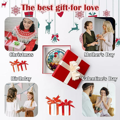 Stained Glass Window Hanging White Chicken Hatching Eggs 6.3" - Suncatcher Door Garden Sunroom Sun Catcher Home Decor Birthday Christmas for Mom Men Woman Nana