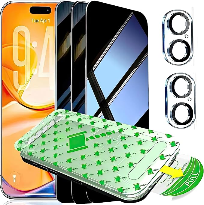 3 Pack Privacy Screen Protector for iPhone 16 Plus with 2 Camera Lens Protector 9H+ Tempered Full Cover Glass Military Grade Shatterproof 25° Anti Spy Bubble Free Auto Installation kit