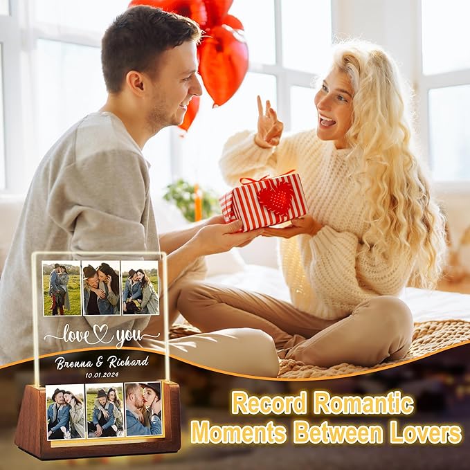 Personalized Birthday Christmas Gifts For Boyfriend Girlfriend Him Her Husband Wife, Custom Light Up Photo Frame Acrylic Plaque With Picture Name, Unique Anniversary Couple Gifts For Women Men