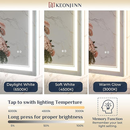 Keonjinn 60" x 36" LED Mirror for Bathroom, Frontlit & Backlit Mirror with Lights, HD Tempered Glass, Defogging, 3 Color Lights, Dimmable, UL-Listed LED Driver, Memory Function