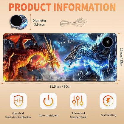 Heated Mouse Pad, Warm Desk Pad, Keyboard Mat 31.5 x 13 Inch Large Size Intelligent Fast Heating, 3 Speed Adjustable, Timed Auto Power Off for Game Office Home,Dragons Gather