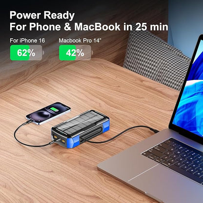 Solar Charger Power Bank 73200mAh, Portable Laptop Charger with 100W USB-C in/Output, Built-in Cables, Hand Crank Power Bank for Mobile Phones, Ideal for Outdoor Use with SOS/Strobe/Strong (blue)