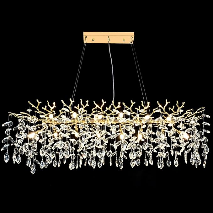 Gold Crystal Chandelier Modern High Ceiling Tree Branch Chandeliers Lighting Luxury Foyer Entryway Staircase Living Room Large Raindrop Large Hanging Pendant Light Fixture