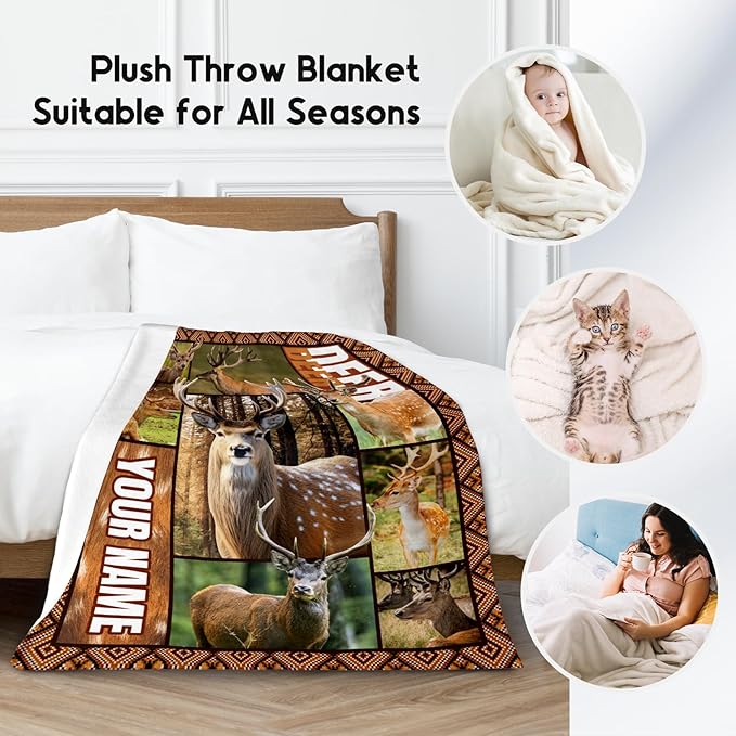 Personalized Blankets for Adults, Custom Deer Blanket Gifts for Men Boys, 30"x40" Forest Western Throw Gift for Hunters - Soft, Fuzzy & Cozy Deer Throws Farmhouse Decor