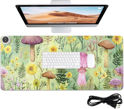 Heated Desk Pad Mouse Pad 31.5x13 Inch PU Leather Desk Mat with 3 Heat Levels Large Mouse Gaming Computer Laptop Mat Watercolor Mushrooms Green