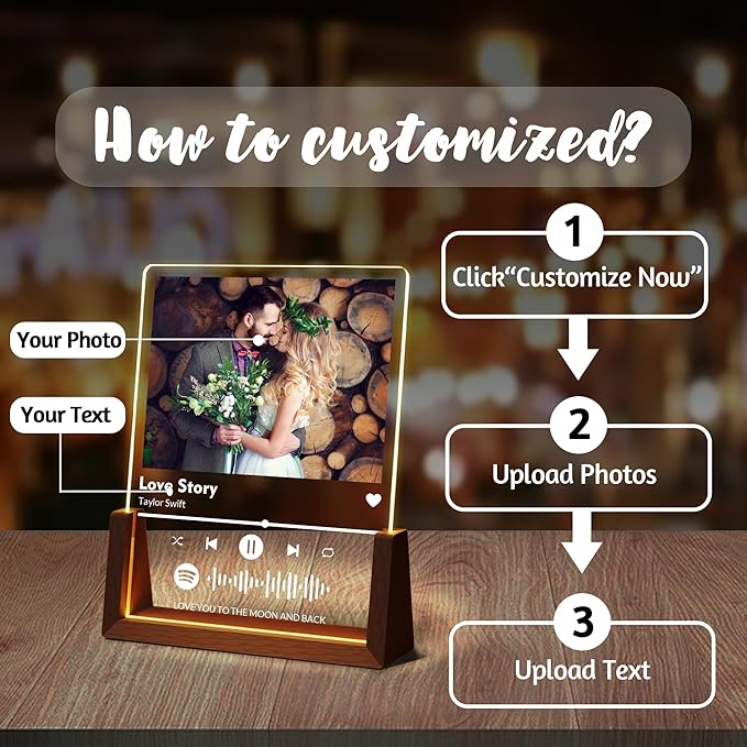 Personalized Couple Gifts For Boyfriend Girlfriend Him Her Husband Wife, Custom Acrylic Spotify Plaque With Photo Name, Customized Light Up Picture Frame For Anniversary Birthday Christmas Gifts