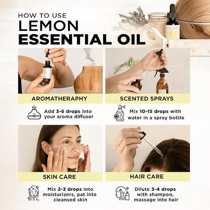 Essential Oils Lemon - 1oz 100% Natural Citrus Oil for Diffuser Or Aromatherapy, Refreshing, Uplifting Scent Supporting Focus and Freshness, Suitable for Cleaning and Skincare Purposes