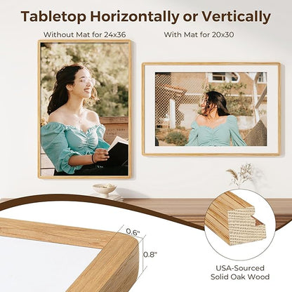 24x36 Poster Frame for Wall, 24 by 36 Picture Frame - Solid Oak Wood & Tempered Glass, Rustic 24 x 36 Wood Frame for Home Decor, 23x36 Picture Frame with Mat for 20x30, Natural Oak Color, 1 Pack