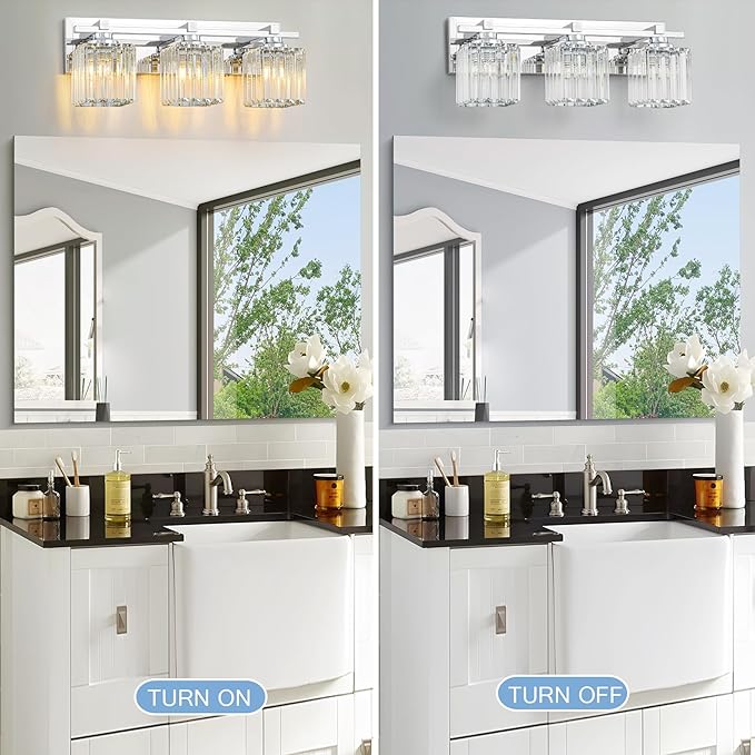 Crystal Bathroom Light Fixtures, 3 Light Chrome Vanity Lighting Over Mirror with Crystal Shades, Modern Bathroom Vanity Light for Restroom, Bath, Cabinet and Powder Room
