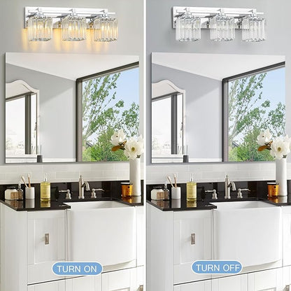 Crystal Bathroom Light Fixtures, 3 Light Chrome Vanity Lighting Over Mirror with Crystal Shades, Modern Bathroom Vanity Light for Restroom, Bath, Cabinet and Powder Room