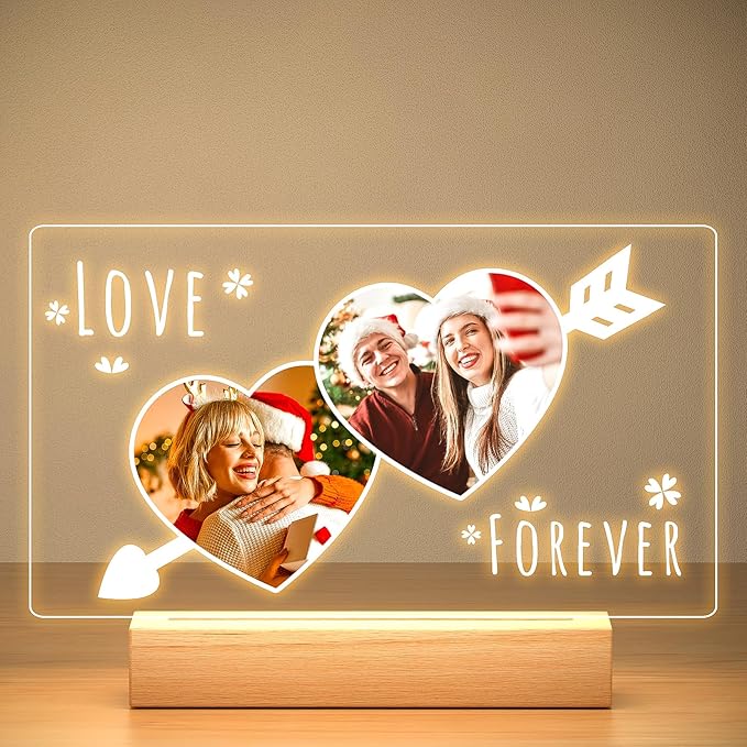 Personalized Christmas Anniversary Couple Gifts for Women & Men, Custom Picture Frame with Photo, Personalized Photo Frame with Night Light, Customized Gifts for Her & Him