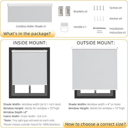 ChrisDowa Cordless Blackout Roller Shades for Windows, Thermal Insulated UV Protection Pull Down Shades, Total Blackout Window Blinds for Home, Office, Bedroom, Door (66" W x 72" H, Grey)