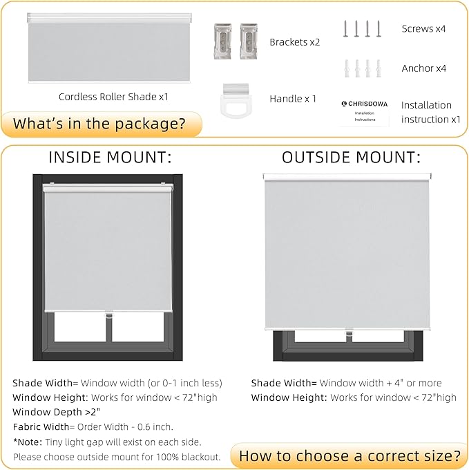 ChrisDowa Cordless Blackout Roller Shades for Windows, Thermal Insulated UV Protection Pull Down Shades, Total Blackout Window Blinds for Home, Office, Bedroom, Door (28" W x 72" H, Grey)