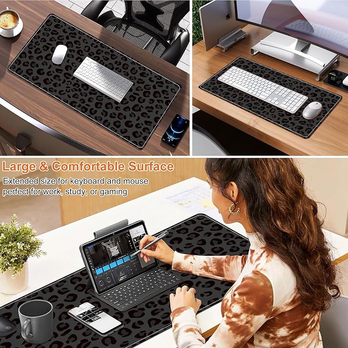 Small Heated Desk Pad 23.6" x 14.2" – Compact Electric Mouse Pad with 3 Heating Levels, Auto Shut-Off, Waterproof PU Surface, Plug-in Warmer for Office or Home Use, Dark Leopard Print