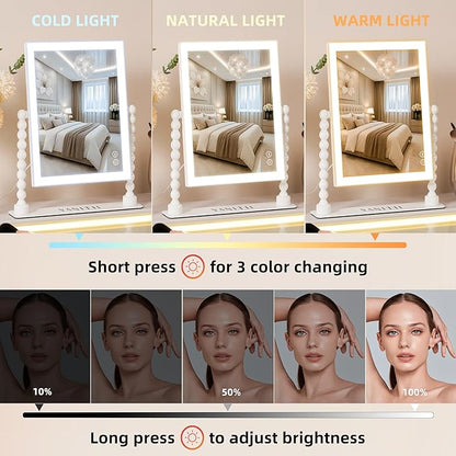 Vanity Makeup Mirror with Lights 9”x12” Hollywood Mirror with Music Speaker Dimmable 3 Color Lighting Light up Mirror with 10X Magnification 360 Degree Rotation for Bedroom Bathroom