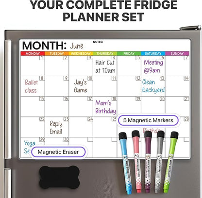 Refrigerator Calendar Magnetic Dry Erase - 17 x 12 iches Magnet Calendar for Fridge, Monday Start | Family Schedule Board, to-Do List & Work | Include 5 Markers & Eraser by Freedom Mastery