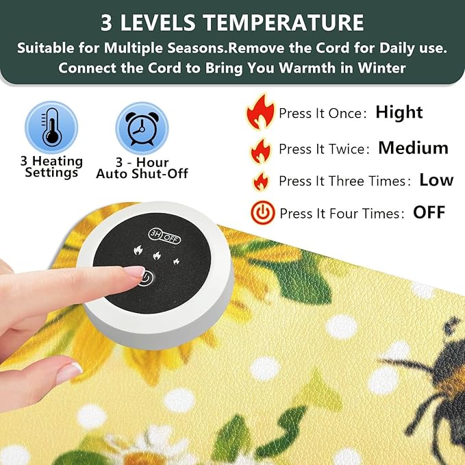 Heated Desk Pad Mouse Pad 31.5x13 Inch PU Leather Desk Mat with 3 Heat Levels Large Mouse Gaming Computer Laptop Mat Yellow Dot Bee and Daisy