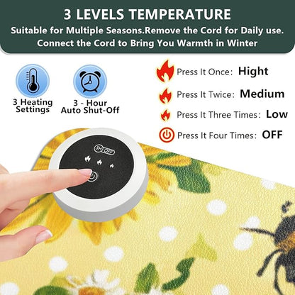 Heated Desk Pad Mouse Pad 31.5x13 Inch PU Leather Desk Mat with 3 Heat Levels Large Mouse Gaming Computer Laptop Mat Yellow Dot Bee and Daisy