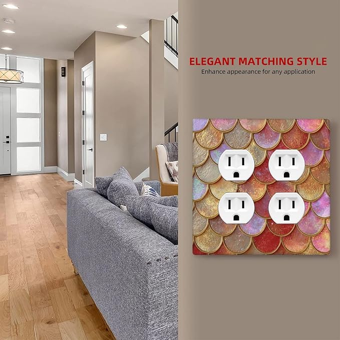 Mermaid Glitter Scale Rainbow Gold Fish Scales Outlet Covers 2 Gang Double Duplex Decorative Light Switch Covers Electrical Wallplates Socket Faceplate for Bed Room Home Decor