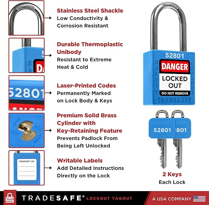 TRADESAFE Lockout Tagout Locks Set - 10 Blue Keyed Alike Padlocks, 2 Keys Per Lock, OSHA Compliant Loto Locks