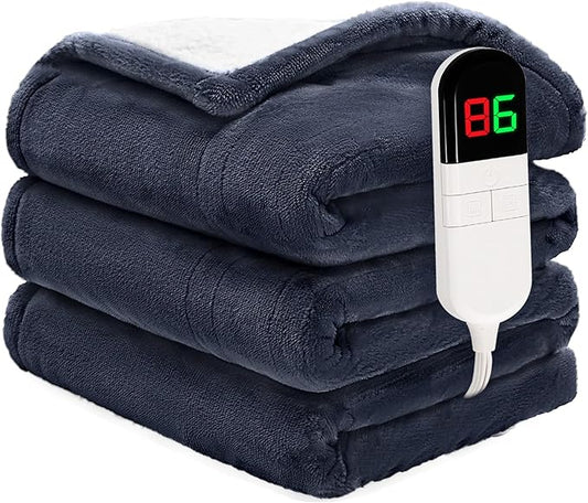 Heated Throw Blanket 50"×60" - Premium Cosy Soft Electric Blanket with 6 Heating Levels,Fast Heating Flannel Sherpa Blanket for Bed & Couch - Auto Shut Off/Machine Washable (Navy Blue)