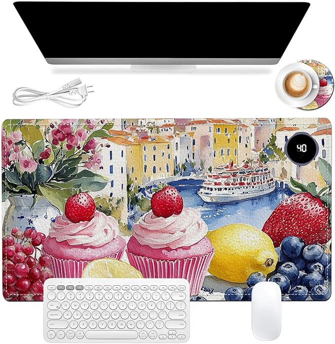 Heated Mouse Pad 23.6 x 14 in 3-Temp Fast Heating Desk Mat with Auto Timer Warmer for Hands Wrist Pain Relief Waterproof Keyboard Mat for Office, Gaming, Home, Sweet Treats Garden