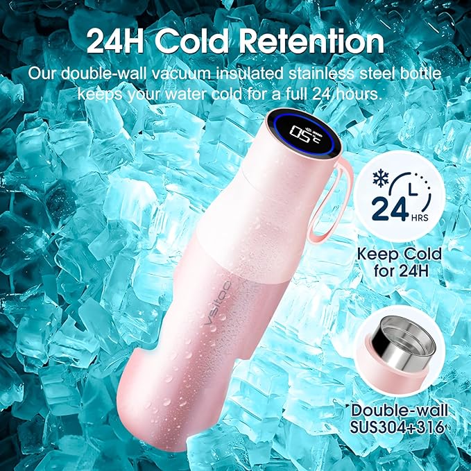 VSITOO 15oz Smart Self Cleaning Water Bottle，Insulated Water Bottle with Stainless Steel, BPA-Free, AI Self-Clean, 30-Day Battery, Magnetic Charging for Travel, Gym or Office, Pink