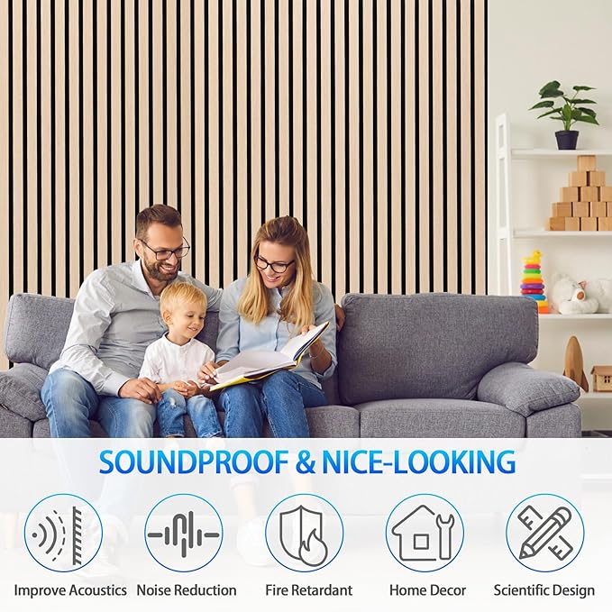 3D Slat Acoustic Wall Panels with Wood Finish Accent, 4 Pack Sound Absorbing Paneling for Studio, Office, Living Room, Bedroom Interior Decor (Natural Oak, 48''L x 24''W)