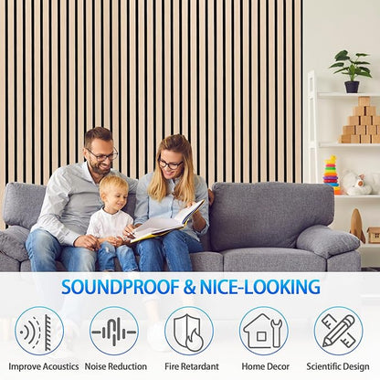 3D Slat Acoustic Wall Panels with Wood Finish Accent, 4 Pack Sound Absorbing Paneling for Studio, Office, Living Room, Bedroom Interior Decor (Natural Oak, 48''L x 24''W)