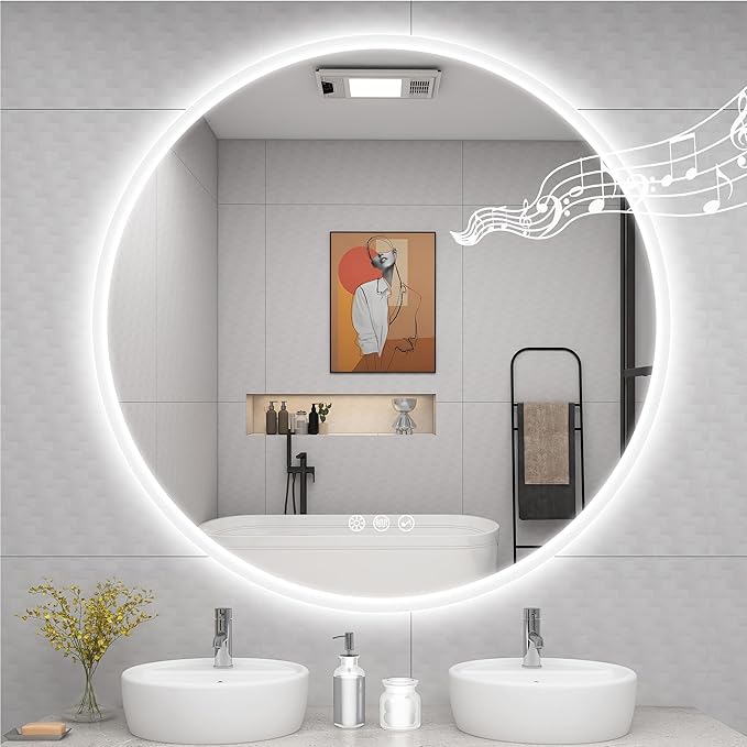STARLEAD 36" LED-Bathroom-Mirror-with-Lights, Wall-Mounted with Bluetooth Speaker, Anti-Fog, 3 Color Temperature, Dimmable Brightness, Waterproof, Tempered Glass, Frontlit & Backlit, Round