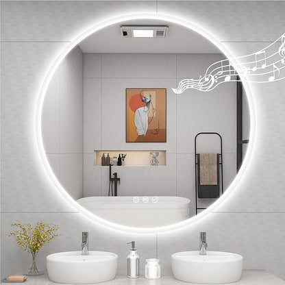 STARLEAD 36" LED-Bathroom-Mirror-with-Lights, Wall-Mounted with Bluetooth Speaker, Anti-Fog, 3 Color Temperature, Dimmable Brightness, Waterproof, Tempered Glass, Frontlit & Backlit, Round