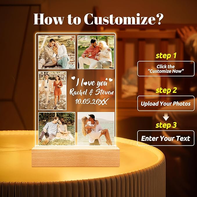 Custom Picture Frame with Photo, Customized Photo Frame with Night Light, Personalized Boyfriend Girlfriend Gifts for Couples, Personalized Anniversary Valentines Day Gifts for Women Men Her Him Wife