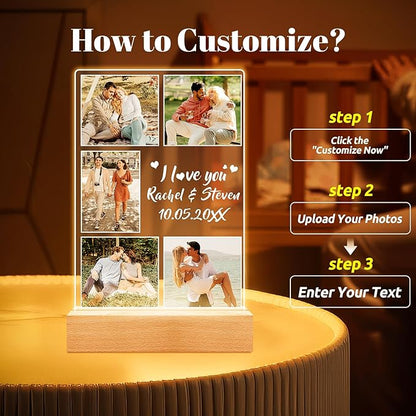 Custom Picture Frame with Photo, Customized Photo Frame with Night Light, Personalized Boyfriend Girlfriend Gifts for Couples, Personalized Anniversary Valentines Day Gifts for Women Men Her Him Wife