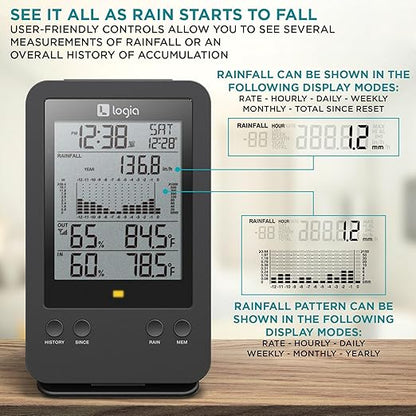 Logia 3-in-1 Rain Gauge Weather Station with Temperature & Humidity, Indoor/Outdoor Weather Monitoring System, Wireless Display Console with History, Alarms and Alerts