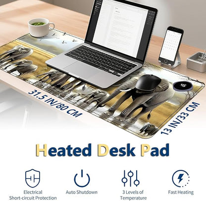 Heated Mouse Pad with 3 Temperature Settings(104°F–122°F),Large 31.5x13 Inch PU Leather Heated Desk Mat,Waterproof Warming Pad for Office,Gaming & Cold Hands Relief,Elephant Herd