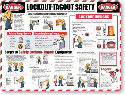 SmartSign 18 x 24 inch Lockout/Tagout Overview Safety Poster “Danger - Lockout/Tagout Safety, Components, Steps, Devices” 55 mil Tear-Resistant Plastic, Pre-Drilled Holes, Multicolor, Made in USA