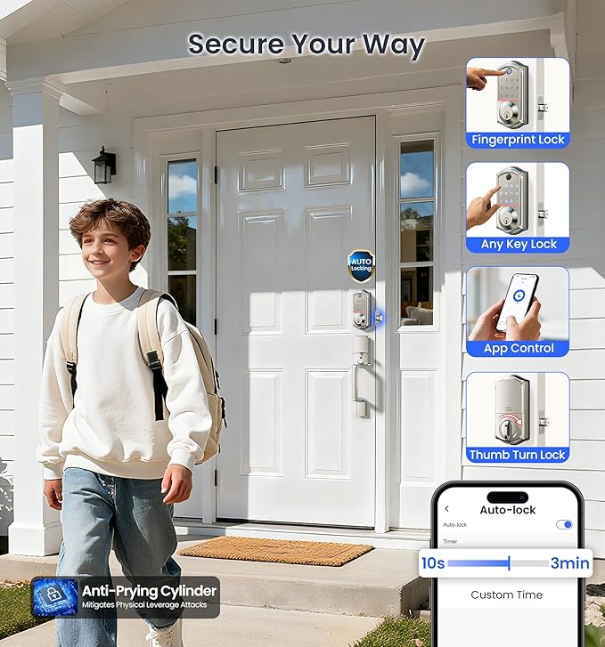 Veise VE017-D Fingerprint Smart Front Door Lock Set, App Control, 8-in-1 Keyless Entry Deadbolt with Lever Handle, Emergency Power Port, Auto Lock, Touchscreen Keypad, Easy Install, Satin Nickel