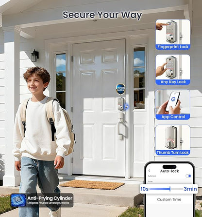 Veise VE017-D Fingerprint Smart Front Door Lock Set, App Control, 8-in-1 Keyless Entry Deadbolt with Lever Handle, Emergency Power Port, Auto Lock, Touchscreen Keypad, Easy Install, Satin Nickel