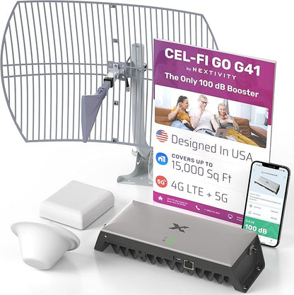 CEL-FI GO G41 | Cell Phone Booster for Home | 4G, 5G, AT&T, Verizon & T-Mobile | Up to 15,000 Sq Ft Coverage | 100 dB Cell Phone Signal Booster | FCC Approved (1x Antenna w/Grid)
