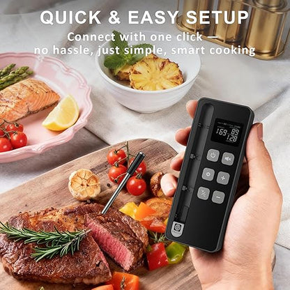 Smart Bluetooth Wireless Meat Thermometer with Display Base, NIST ±0.5°F Accuracy, 1000°F Heat-Resistant Ultra-Thin Probe, Long-Range 10X Sub-1G Signal, WiFi Range for BBQ, Grill, Oven & Smoker–Grey