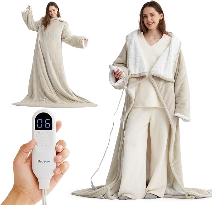 Bedsure Wearable Heated Blanket with Foot Pocket - Electric Snuggle Blanket for Adult with Sleeves, Winter Gifts for Mom Women Girlfriend, Warm Sherpa Heating Throw, Auto Shut Off, 50 x 71+18", Cream