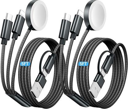 Temdan 2Pack for Apple Watch Charger, 3 in 2 Multi Charging Cable, iPhone Charger, USB A/Type C/Lightning Cable, Portable Travel Essentials Designed for iWatch Ultra/SE/11-1 & iPhone 17-12/ iPad-5Ft