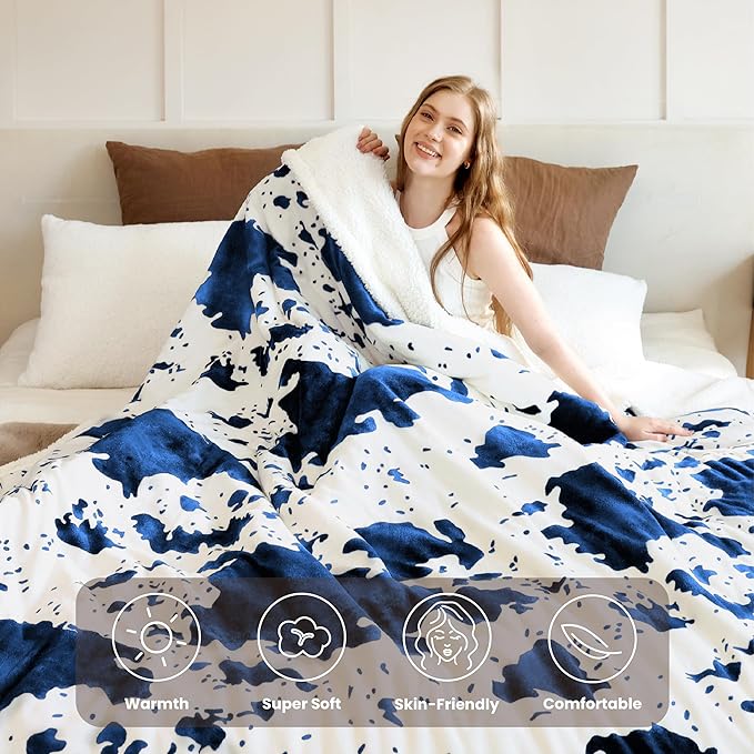 Cow Print Electric Heated Blanket Queen-Dual Control Heating Blanket Queen Size with 10 Heat Levels & 10 Hours Auto-Off, Cozy Soft Fleece Sherpa, Washable, 84x90 Inche Cow Print Blue