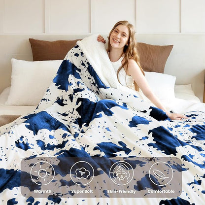 Cow Print Heated Electric Blanket King Size-Dual Control Heating Blanket King Size with 10 Heat Levels & 10 Hours Auto-Off, Cozy Soft Fleece Sherpa, Washable, 90x100 Inche Cow Print Blue